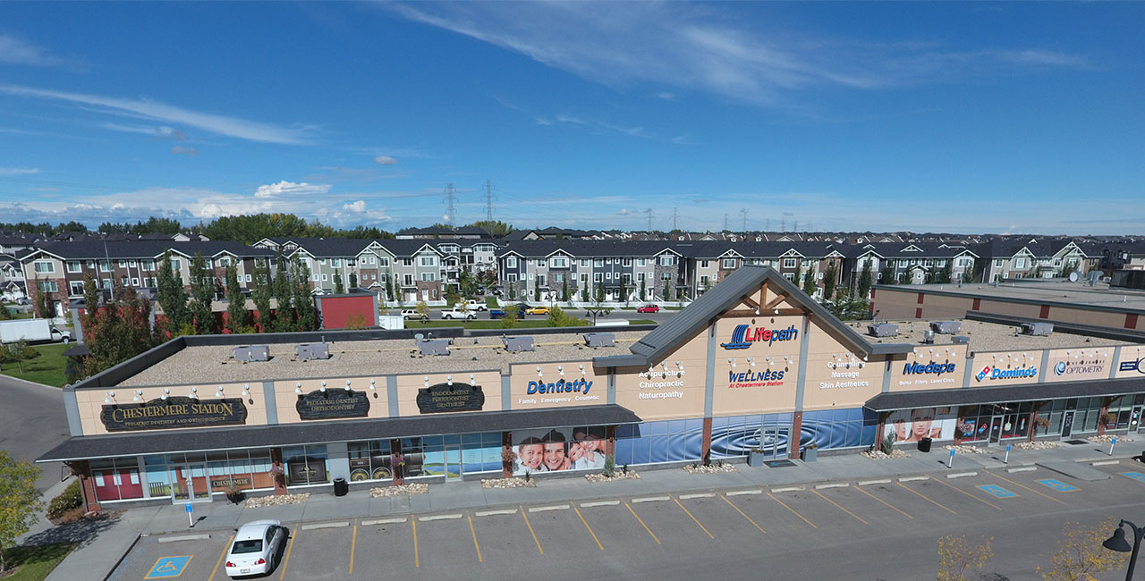 Aerial Drone Shot of Chestermere Lifepath Wellness | Chestermere and Calgary Dental and Wellness | Calgary Dental, Calgary Physiotherapy, Calgary Chiropractor, Calgary Medspa, Calgary Massage Therapy